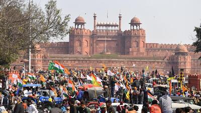 Farmers at Red Fort during their tractor parade on Republic Day, on January 26, 2021. (PTI) Farmers at Red Fort during their tractor parade on Republic Day, on January 26, 2021. (PTI)