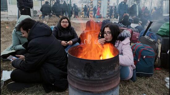 Indian students stranded at the Ukraine-Romania border on Monday. (ANI Photo)