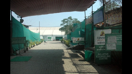 The dismantling of the jumbo hospital at College of Engineering Pune (COEP) ground began on Monday after two years of service. (HT PHOTO)