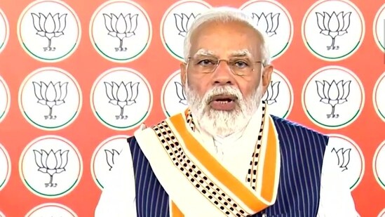 Prime Minister Narendra Modi addressing a virtual rally. (ANI)