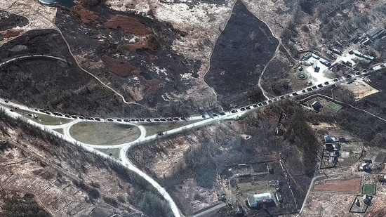 A massive Russian military convoy is seen advancing from Belarus in the north towards Kyiv. This Maxar satellite image taken and released on Monday shows part of a military convoy in southern Ivankiv.(Maxar Technologies)