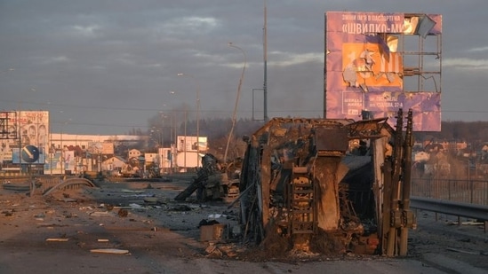 Charred military vehicles are seen on a road, as Russia's invasion of Ukraine continues, near the town of Bucha in the Kyiv region, Ukraine.(REUTERS)