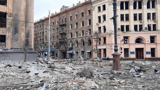 A view shows the area near the regional administration building, which was hit by a missile according to city officials, in Kharkiv, Ukraine.(REUTERS)