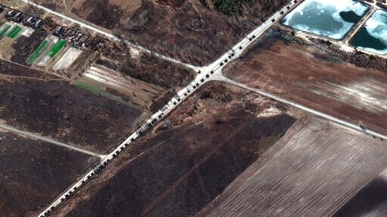This satellite image provided by Maxar Technologies shows military convoy northwest of Invankiv, Ukraine.(AP) This satellite image provided by Maxar Technologies shows military convoy northwest of Invankiv, Ukraine.(AP)