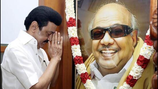 Tamil Nadu Chief Minister MK Stalin paid tributes to late Dravidian stalwarts E V Ramasamy Periyar, C N Annadurai (DMK founder) and his father M Karunanidhi on his birthday. (ANI)