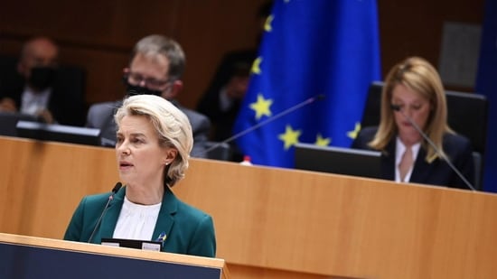 EU chief Ursula von der Leyen speaks at the extraordinary session of the European Parliament on Russia's aggression in Ukraine in Brussels, Belgium on Tuesday, March 1. 2022. (Twitter/Ursula von der Leyen)
