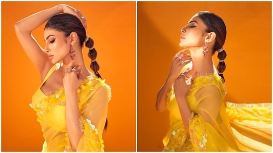 Mouni Roy serves a 'Tip Tip Barsa Paani' moment in <span class='webrupee'>?</span>84k saree, her braid steals the spotlight: Check out photos