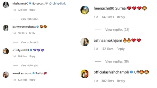 Rubina's post garnered several likes and comments from her followers and many celebrities. They filled the comments section with praises for the actor. Nia Sharma commented, "Gorgeous AF." Srishty Rode dropped heart emoticons, and another user wrote, "Uff [heart eye emojis]."(Instagram/@rubinadilaik)
