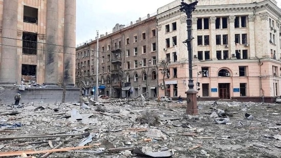 A view shows the area near the regional administration building, which was hit by a missile according to city officials, in Kharkiv, Ukraine.(REUTERS)
