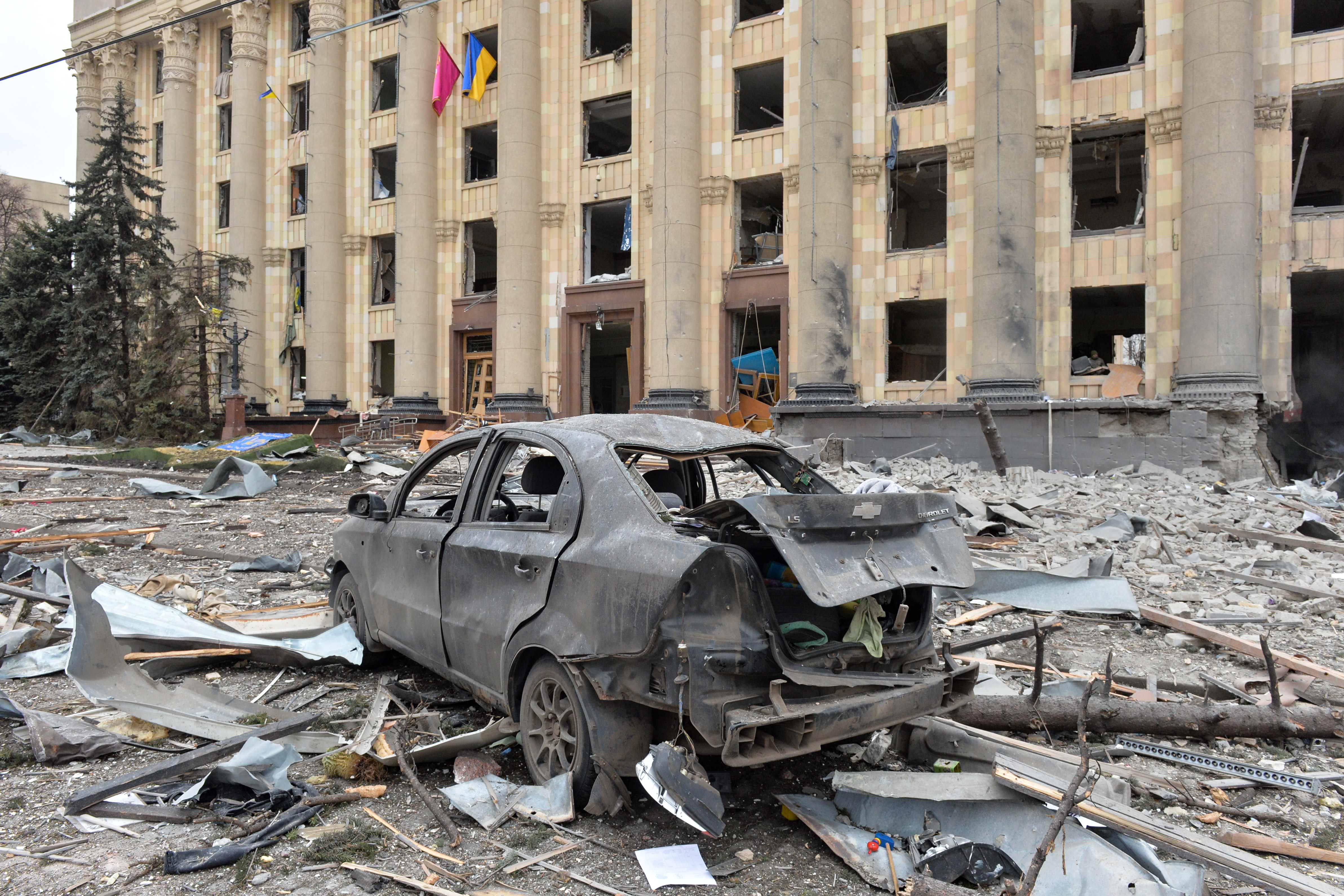 This general view shows the damaged local city hall of Kharkiv on March 1, 2022, destroyed as a result of Russian troop shelling. &nbsp; (AFP)