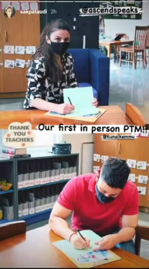 Soha Ali Khan and Kunal Kemmu shared a picture from the PTM meeting on Instagram Stories. Soha Ali Khan and Kunal Kemmu shared a picture from the PTM meeting on Instagram Stories.