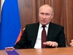 Russian President Vladimir Putin addresses the nation in the Kremlin in Moscow.