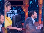 Shilpa Shetty breaks a glass bottle on Rohit Shetty, on the sets of India's Got Talent Season 9.