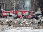 An area near the regional administration building, which city officials said was hit by a missile attack, in central Kharkiv, Ukraine, Tuesday.