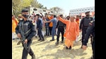 Uttar Pradesh Chief Minister Yogi Adityanath arrives to address a public meeting for the Uttar Pradesh Assembly Elections, in Mau on Wednesday. (ANI)