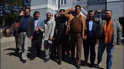 Congress MLAs staging a walkout from the assembly budget session in Shimla on Wednesday. (Deepak Sansta/Hindustan Times) Congress MLAs staging a walkout from the assembly budget session in Shimla on Wednesday. (Deepak Sansta/Hindustan Times)
