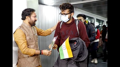 Union minister for culture, tourism and development of north-eastern region, G Kishan Reddy, welcomes Indian students who returned from Ukraine in New Delhi on Wednesday. (ANI) Union minister for culture, tourism and development of north-eastern region, G Kishan Reddy, welcomes Indian students who returned from Ukraine in New Delhi on Wednesday. (ANI)