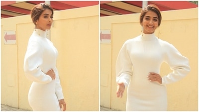 Pooja Hegde teamed her subtle glam look with a pair of pointed tow kitten heel sandals. (HT Photo/Varinder Chawla) Pooja Hegde teamed her subtle glam look with a pair of pointed tow kitten heel sandals. (HT Photo/Varinder Chawla)
