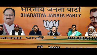 BJP national president JP Nadda, Apna Dal chief Anupriya Patel, Nishad Party chief Sanjay Nishad, BJP chief Swatantra Dev Singh, and Union minister Anurag Thakur during a press conference, in New Delhi in January. (ANI photo) BJP national president JP Nadda, Apna Dal chief Anupriya Patel, Nishad Party chief Sanjay Nishad, BJP chief Swatantra Dev Singh, and Union minister Anurag Thakur during a press conference, in New Delhi in January. (ANI photo)