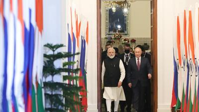 Russia's President Vladimir Putin attends a meeting with 's Prime Minister Narendra Modi in New Delhi, India, December 6, 2021. (via REUTERS) Russia's President Vladimir Putin attends a meeting with 's Prime Minister Narendra Modi in New Delhi, India, December 6, 2021. (via REUTERS)