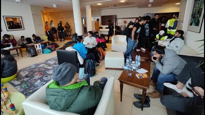 Students being assisted by Indian embassy officials at a hotel in Rzeszow city of Poland on Wednesday. (HT Photo) Students being assisted by Indian embassy officials at a hotel in Rzeszow city of Poland on Wednesday. (HT Photo)