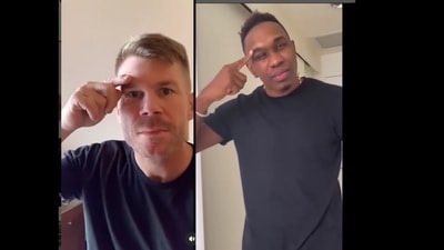 A screengrab of the videos uploaded by David Warner and Dwayne Bravo dancing to Akshay Kumar’s Bachchhan Paandey song. (davidwarner31, djbravo47/Instagram ) A screengrab of the videos uploaded by David Warner and Dwayne Bravo dancing to Akshay Kumar’s Bachchhan Paandey song. (davidwarner31, djbravo47/Instagram )