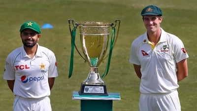Babar Azam and Pat Cummins unveiled the trophy at the Rawalpindi Stadium. (AP) Babar Azam and Pat Cummins unveiled the trophy at the Rawalpindi Stadium. (AP)