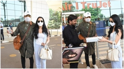 Shraddha Kapoor pictured at Mumbai airport with father Shakti Kapoor. Shraddha Kapoor pictured at Mumbai airport with father Shakti Kapoor.