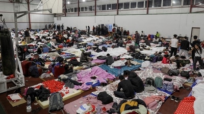 Indian students that fled Ukraine rest in a sports hall in Voluntari, Ilfov, near Bucharest, Romania. (Reuters / File)
