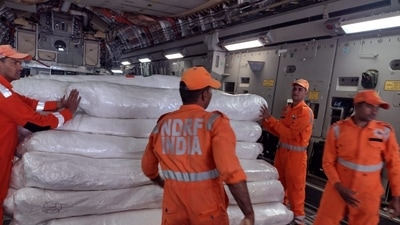 Visuals of IAF plane at Hindon carrying humanitarian assistance. (HT Photo)