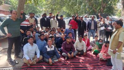 HSVP workers protest in Gurugram over pending salaries HSVP workers protest in Gurugram over pending salaries