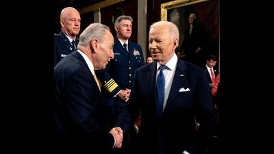 President Joe Biden with Senate Majority Leader Chuck Schumer during State of the Union address. (Bloomberg)