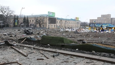 An area near the regional administration building, which city officials said was hit by a missile attack, in central Kharkiv, Ukraine, Tuesday. (REUTERS)