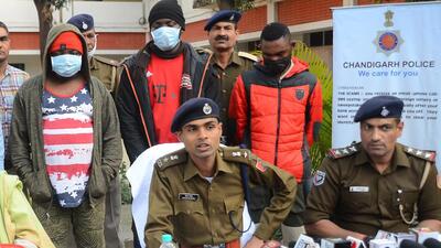 Superintendent of police (Cyber) Ketan Bansal addressing the media regarding the arrests in Chandigarh. (Keshav Singh/HT) Superintendent of police (Cyber) Ketan Bansal addressing the media regarding the arrests in Chandigarh. (Keshav Singh/HT)
