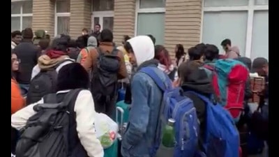Indian students standing outside Ukrainian embassy in Kyiv. (Agencies) Indian students standing outside Ukrainian embassy in Kyiv. (Agencies)