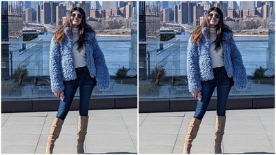 " An over-energised bunny on a fine winter morning. Hola, New York," greeted Sanjana as she decked up in open tresses and a shade of nude lipstick. (Instagram/@sanjanasanghi96)