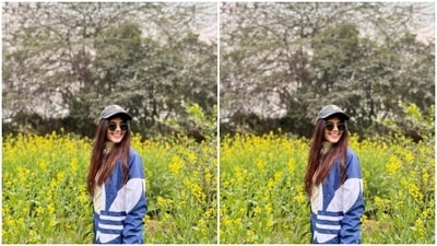 Sanjana surely knows how to stand out, especially in the mustard fields. Sanjana, during her trip to Rajasthan, posed for a picture in a white turtleneck sweater, blue and white track suit and tinted shades. (Instagram/@sanjanasanghi96)