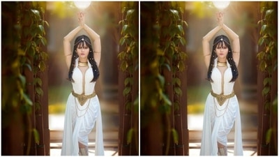 Rubina decked up perfectly in a white attire to match the pages of history. Rubina's attire came in a white midriff-baring sleeveless blouse lined with golden zari details. (Instagram/@rubinadilaik)