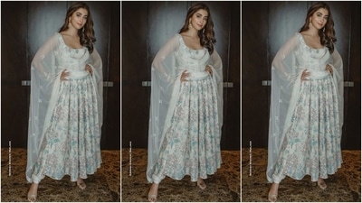 In another slew of photos, Pooja Hegde can be seen donning a gorgeous anarkali set by ace designer Anita Dongre. (Instagram/@hegdepooja) In another slew of photos, Pooja Hegde can be seen donning a gorgeous anarkali set by ace designer Anita Dongre. (Instagram/@hegdepooja)