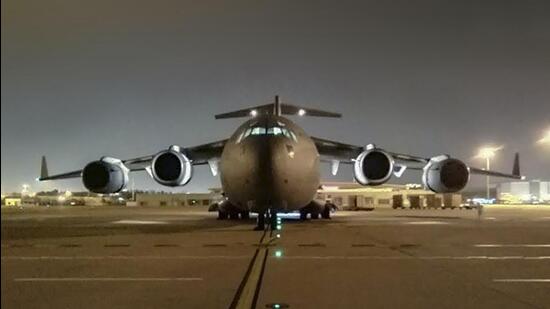 An IAF C-17 transport aircraft ready to fly for Romania to bring back Indian nationals, evacuated from war-torn Ukraine. (PTI)