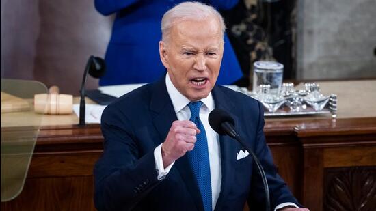 US President Joe Biden delivering the State of the Union address at the Capitol in Washington today. (Bloomberg Photo)