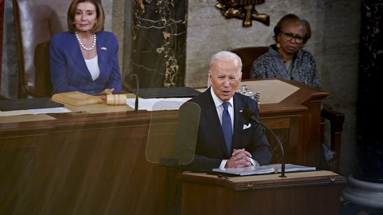 US President Joe Biden speaks during a State of the Union address at the U.S. Capitol in Washington, D.C. (Bloomberg)