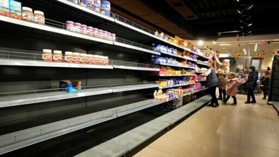 Russia-Ukraine war: Empty shelves of a shop in Nikolaev in Ukraine on March 1.&nbsp;(AP)