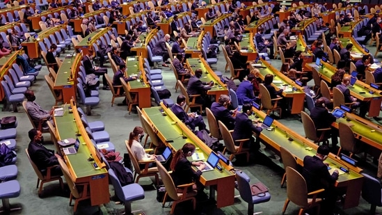 The United Nations holds a second day of emergency special session of General Assembly meetings on the topic of the Russian invasion of Ukraine, in New York City on March 1, 2022. (Photo by Andrea RENAULT / AFP)(AFP)