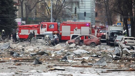 An area near the regional administration building, which city officials said was hit by a missile attack, in central Kharkiv, Ukraine, Tuesday.(REUTERS)