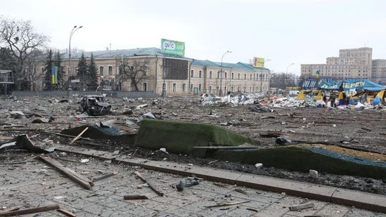 An area near the regional administration building, which city officials said was hit by a missile attack, in central Kharkiv, Ukraine, Tuesday.(REUTERS)