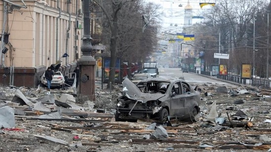 A view shows the area near the regional administration building, which city officials said was hit by a missile attack, in central Kharkiv, Ukraine, Tuesday.(REUTERS)