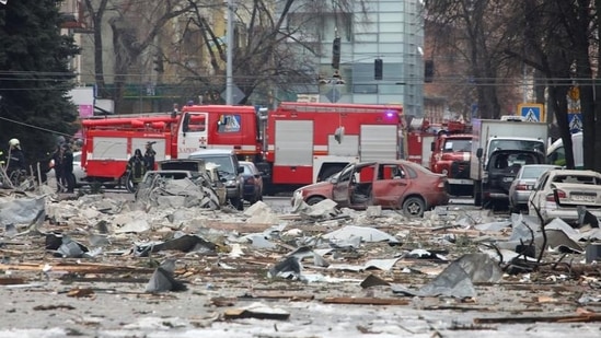 An area near the regional administration building, which city officials said was hit by a missile attack, in central Kharkiv, Ukraine, Tuesday, March 1, 2022.(REUTERS)