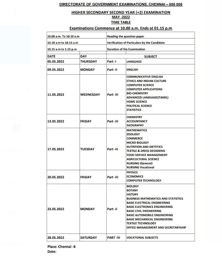 TN Board class 12th date sheet TN Board class 12th date sheet