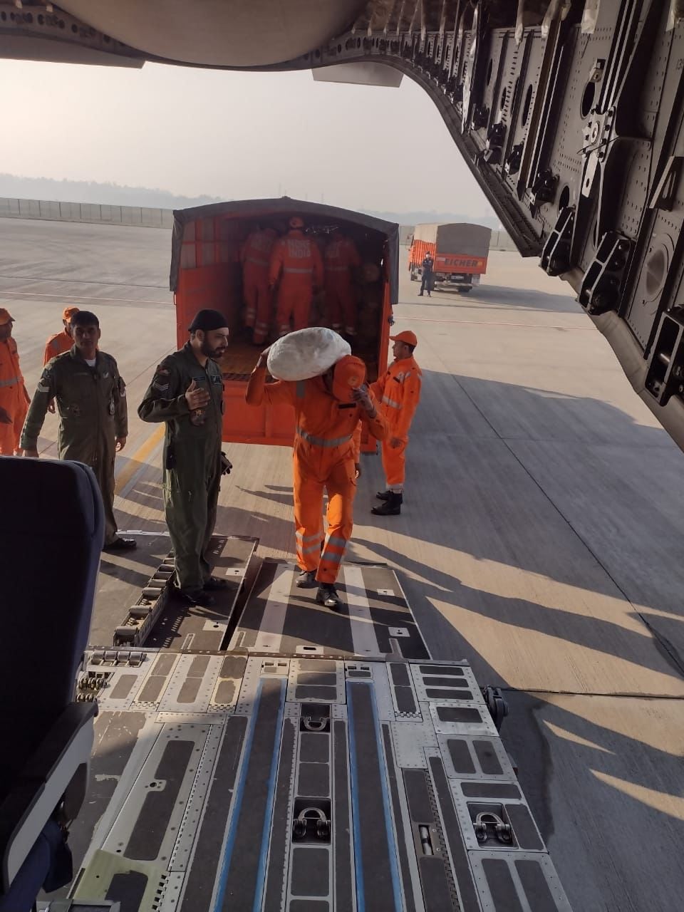 Visuals of IAF plane at Hindon carrying humanitarian assistance. (HT Photo)